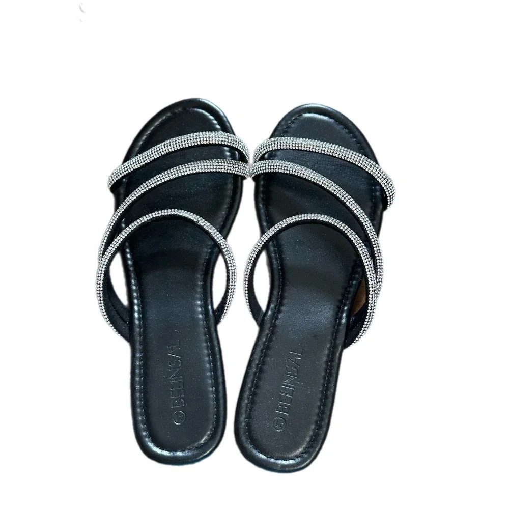 BELINSAL Black‎ Rhinestone Strap Slide Sandals Women Size 7